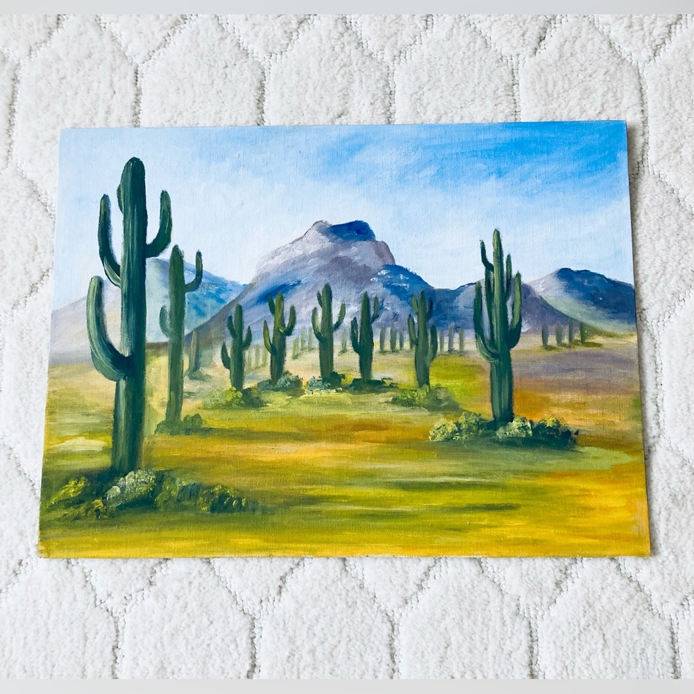 Gorgeous  Desert Landscape Saguaro Cactus Southwestern Scene Oil Painting